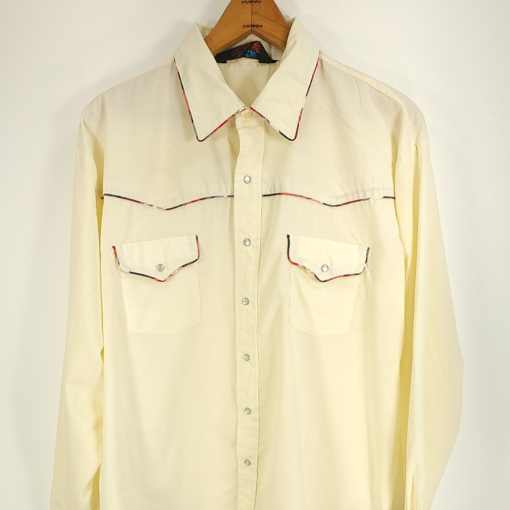 Vtg Van Cort Western Shirt Men's XL Light Yellow Snap Front Distressed